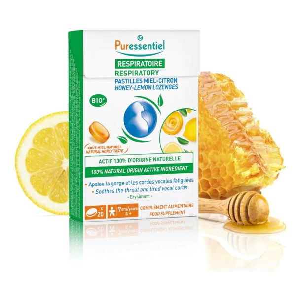 PURESSENTIEL RESPIRATOIRE BIO 20 Pastilles Miel Citron - Gorge, Cordes Vocales