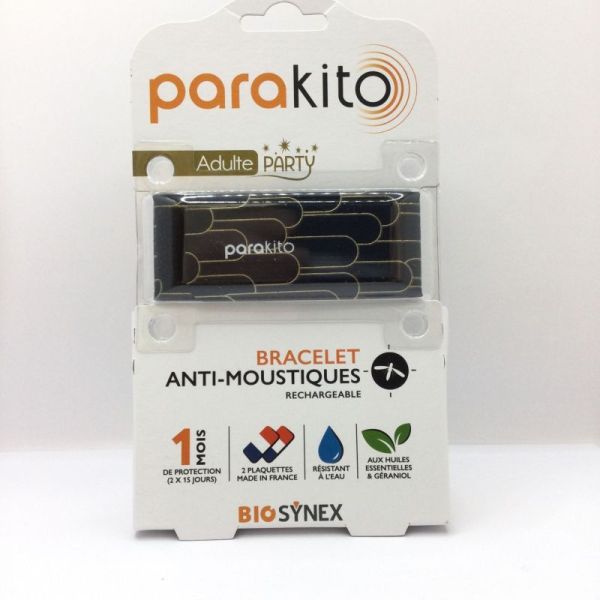 PARAKITO Bracelet ADULTE PARTY  - Bracelet Anti Moustiques Rechargeable Couleur Noir avec motif Doré - Prévention  , 3532678603858
