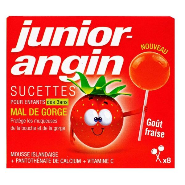 JUNIOR ANGIN 8 Sucettes Enfant, Dès 3 Ans - Mal de Gorge - Goût Fraise