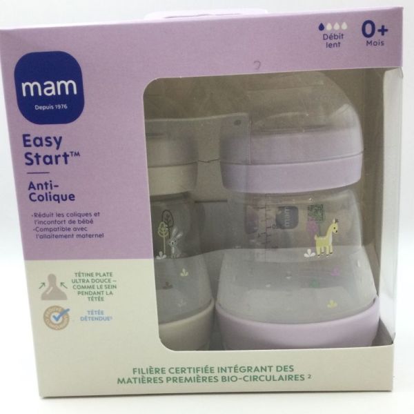 MAM  2 Biberons Easy Start Anti Colique 160ml - Violet + Ivoire  0 Mois et + Tétine Débit 1 Lent 9001616836510