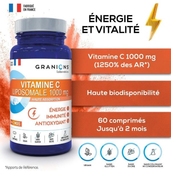 GRANIONS PILULIERS Vitamine C Liposomale 1000mg 60 Comprimés - Energie, Immunité, Anti-oxydant