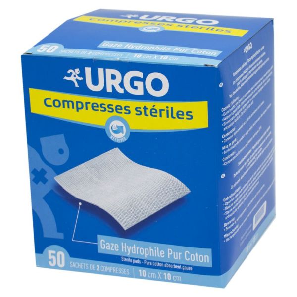 URGO Compresses Stériles Gaze 10 x 10 cm Bte/50 - Gaze Hydrophile Pur Coton 10 x 10 cm - Sachet de 2