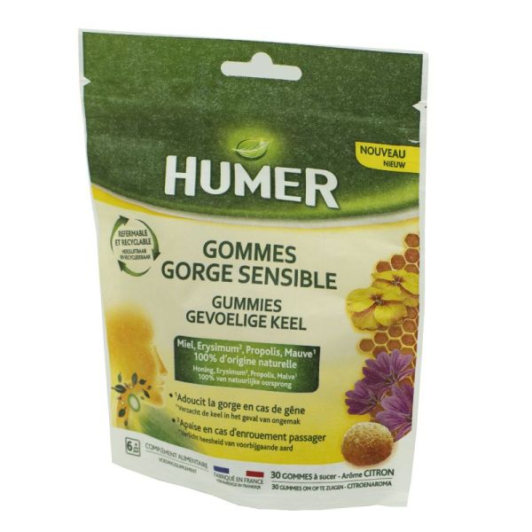 HUMER 30 Gommes Gorge Sensible Dès 6 Ans - Miel, Erysimum, Propolis, Mauve