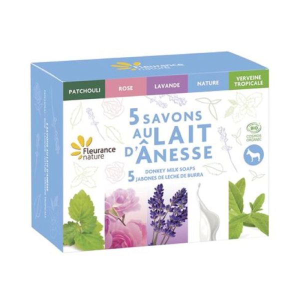 FLEURANCE NATURE BIO Coffret 5 Savons au Lait d' Anesse 5x 100g - 5 Senteurs Différentes