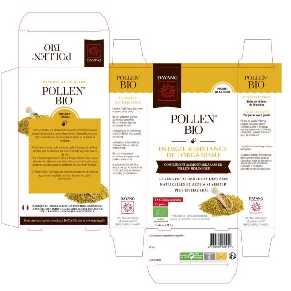 DAYANG POLLEN BIO 15 Gélules Végétales - Complément Alimentaire Energie, Résistance de l' Organisme
