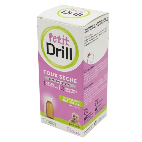 PETIT DRILL Toux Sèche Sirop 125ml sans Sucre - Dès 6 Mois - Au Glycerol Végétal - Goût Fraise