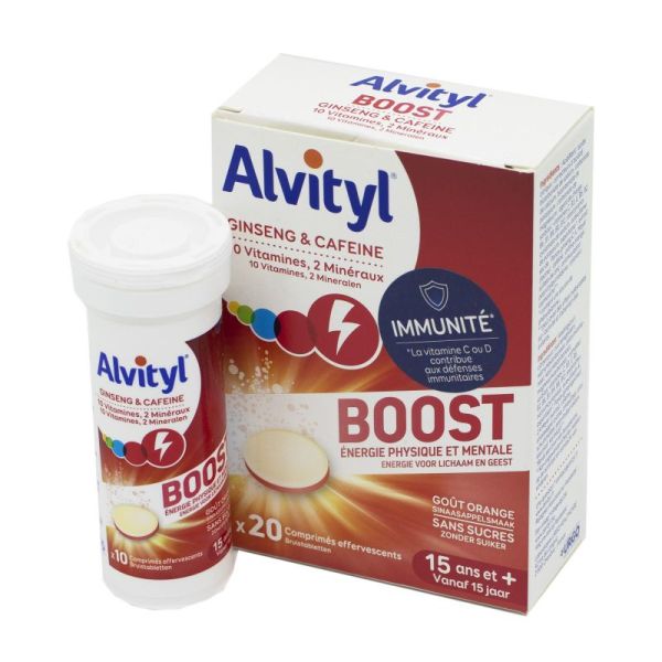ALVITYL BOOST 20 Comprimés effervescents - Ginseng, Caféine, 10 Vitamines, 2 Minéraux